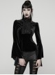 Black Stretch Velvet Front Ruffled Lace Stand Collar Irregular Flared Cuffs Elegant Gothic Style Long Sleeves T-Shirt