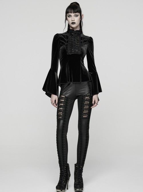 Black Stretch Velvet Front Ruffled Lace Stand Collar Irregular Flared Cuffs Elegant Gothic Style Long Sleeves T-Shirt