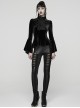 Black Stretch Velvet Front Ruffled Lace Stand Collar Irregular Flared Cuffs Elegant Gothic Style Long Sleeves T-Shirt