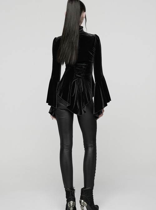 Black Stretch Velvet Front Ruffled Lace Stand Collar Irregular Flared Cuffs Elegant Gothic Style Long Sleeves T-Shirt