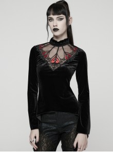 Black Velvet Ruffled Stand Collar Chest Hollow Red Heart Shape Demon's Hand Decals Irregular Hem Gothic Style Long Sleeves T-Shirt