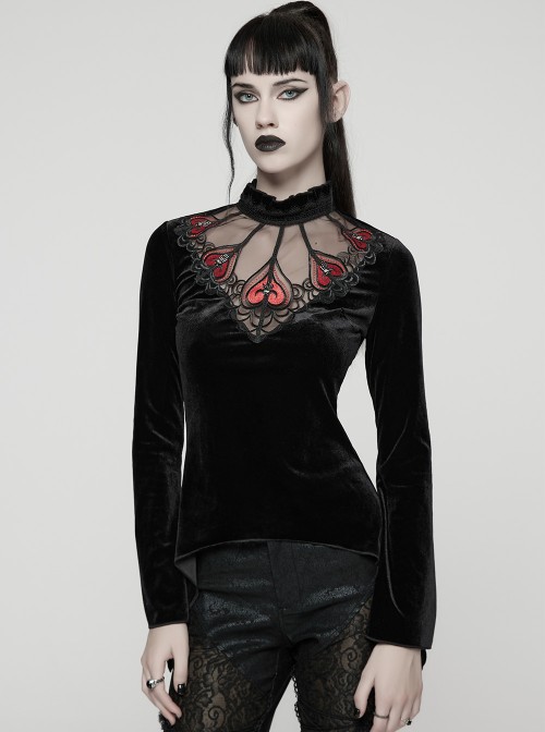 Black Velvet Ruffled Stand Collar Chest Hollow Red Heart Shape Demon's Hand Decals Irregular Hem Gothic Style Long Sleeves T-Shirt