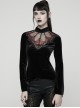 Black Velvet Ruffled Stand Collar Chest Hollow Red Heart Shape Demon's Hand Decals Irregular Hem Gothic Style Long Sleeves T-Shirt