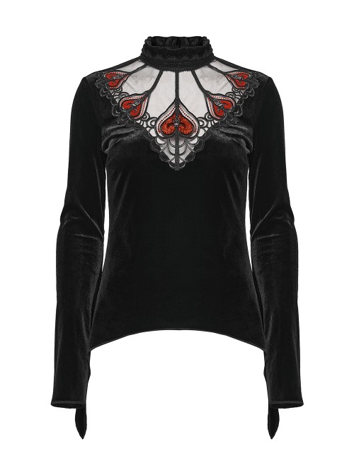 Black Velvet Ruffled Stand Collar Chest Hollow Red Heart Shape Demon's Hand Decals Irregular Hem Gothic Style Long Sleeves T-Shirt