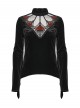 Black Velvet Ruffled Stand Collar Chest Hollow Red Heart Shape Demon's Hand Decals Irregular Hem Gothic Style Long Sleeves T-Shirt