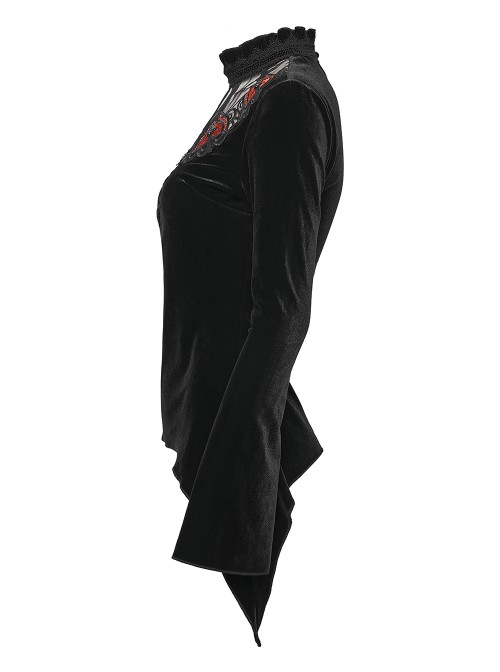 Black Velvet Ruffled Stand Collar Chest Hollow Red Heart Shape Demon's Hand Decals Irregular Hem Gothic Style Long Sleeves T-Shirt
