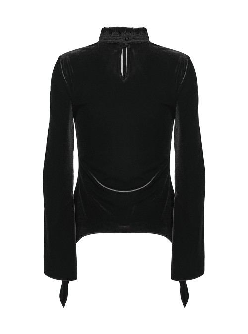 Black Velvet Ruffled Stand Collar Chest Hollow Red Heart Shape Demon's Hand Decals Irregular Hem Gothic Style Long Sleeves T-Shirt