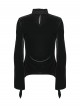 Black Velvet Ruffled Stand Collar Chest Hollow Red Heart Shape Demon's Hand Decals Irregular Hem Gothic Style Long Sleeves T-Shirt