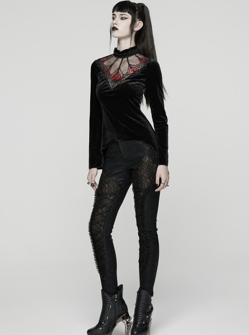 Black Velvet Ruffled Stand Collar Chest Hollow Red Heart Shape Demon's Hand Decals Irregular Hem Gothic Style Long Sleeves T-Shirt