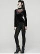 Black Velvet Ruffled Stand Collar Chest Hollow Red Heart Shape Demon's Hand Decals Irregular Hem Gothic Style Long Sleeves T-Shirt