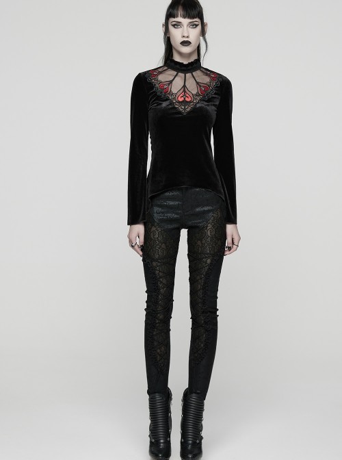 Black Velvet Ruffled Stand Collar Chest Hollow Red Heart Shape Demon's Hand Decals Irregular Hem Gothic Style Long Sleeves T-Shirt