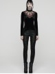 Black Velvet Ruffled Stand Collar Chest Hollow Red Heart Shape Demon's Hand Decals Irregular Hem Gothic Style Long Sleeves T-Shirt