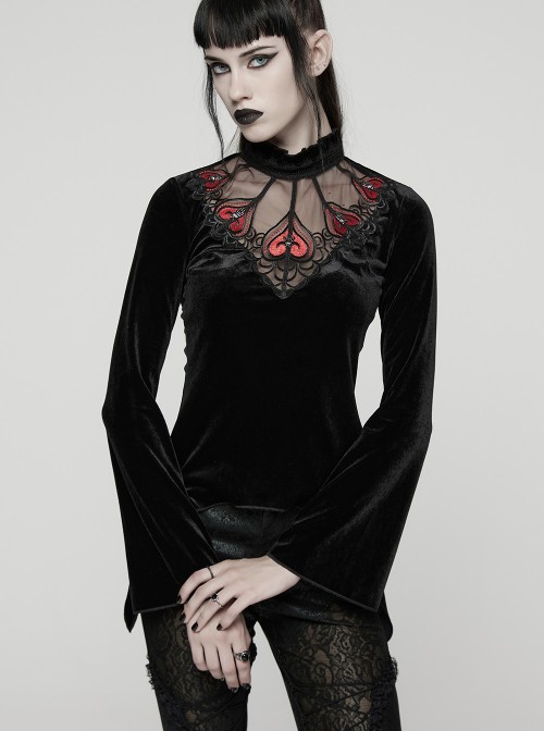 Black Velvet Ruffled Stand Collar Chest Hollow Red Heart Shape Demon's Hand Decals Irregular Hem Gothic Style Long Sleeves T-Shirt