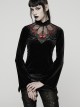 Black Velvet Ruffled Stand Collar Chest Hollow Red Heart Shape Demon's Hand Decals Irregular Hem Gothic Style Long Sleeves T-Shirt