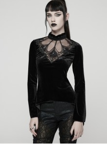 Black Velvet Ruffled Stand Collar Chest Hollow Heart Shape Demon's Hand Decals Irregular Hem Gothic Style Long Sleeves T-Shirt