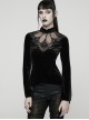 Black Velvet Ruffled Stand Collar Chest Hollow Heart Shape Demon's Hand Decals Irregular Hem Gothic Style Long Sleeves T-Shirt