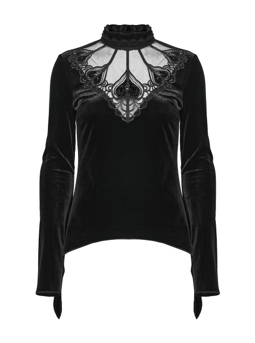 Black Velvet Ruffled Stand Collar Chest Hollow Heart Shape Demon's Hand Decals Irregular Hem Gothic Style Long Sleeves T-Shirt