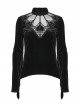 Black Velvet Ruffled Stand Collar Chest Hollow Heart Shape Demon's Hand Decals Irregular Hem Gothic Style Long Sleeves T-Shirt