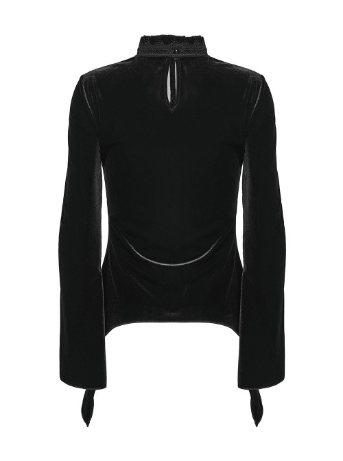 Black Velvet Ruffled Stand Collar Chest Hollow Heart Shape Demon's Hand Decals Irregular Hem Gothic Style Long Sleeves T-Shirt