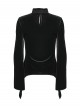 Black Velvet Ruffled Stand Collar Chest Hollow Heart Shape Demon's Hand Decals Irregular Hem Gothic Style Long Sleeves T-Shirt