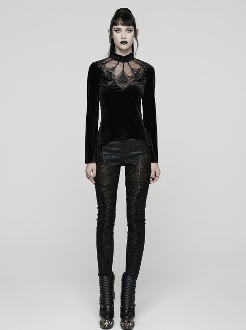 Black Velvet Ruffled Stand Collar Chest Hollow Heart Shape Demon's Hand Decals Irregular Hem Gothic Style Long Sleeves T-Shirt