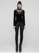 Black Velvet Ruffled Stand Collar Chest Hollow Heart Shape Demon's Hand Decals Irregular Hem Gothic Style Long Sleeves T-Shirt