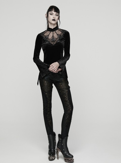 Black Velvet Ruffled Stand Collar Chest Hollow Heart Shape Demon's Hand Decals Irregular Hem Gothic Style Long Sleeves T-Shirt