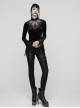Black Velvet Ruffled Stand Collar Chest Hollow Heart Shape Demon's Hand Decals Irregular Hem Gothic Style Long Sleeves T-Shirt