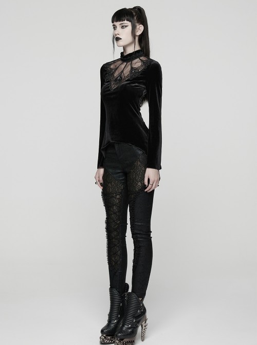 Black Velvet Ruffled Stand Collar Chest Hollow Heart Shape Demon's Hand Decals Irregular Hem Gothic Style Long Sleeves T-Shirt