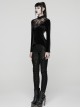 Black Velvet Ruffled Stand Collar Chest Hollow Heart Shape Demon's Hand Decals Irregular Hem Gothic Style Long Sleeves T-Shirt
