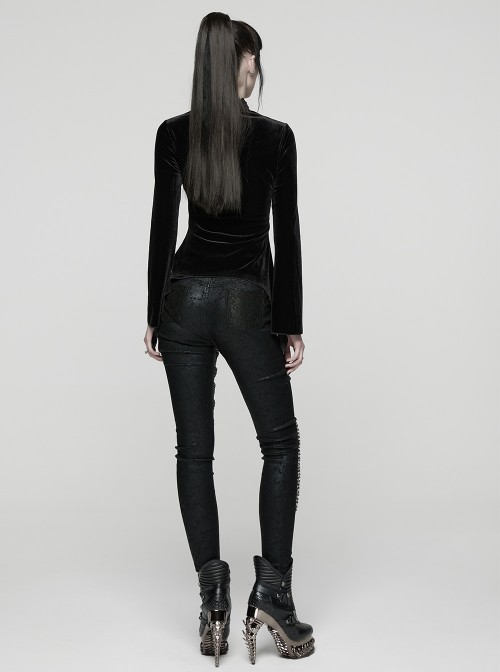 Black Velvet Ruffled Stand Collar Chest Hollow Heart Shape Demon's Hand Decals Irregular Hem Gothic Style Long Sleeves T-Shirt