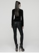 Black Velvet Ruffled Stand Collar Chest Hollow Heart Shape Demon's Hand Decals Irregular Hem Gothic Style Long Sleeves T-Shirt