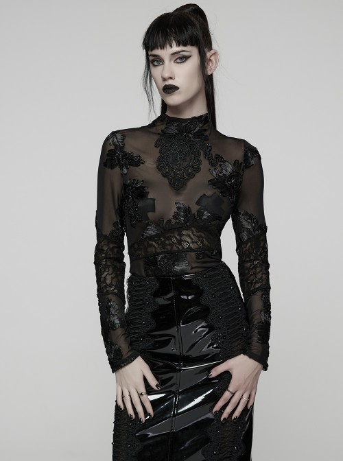 Black Translucent Stretch 3D Floral Mesh Splicing Lace Retro Gothic Long Sleeves Undershirt