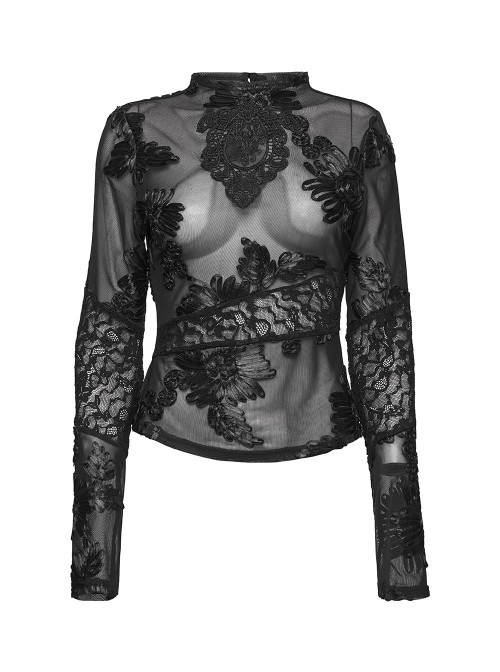 Black Translucent Stretch 3D Floral Mesh Splicing Lace Retro Gothic Long Sleeves Undershirt