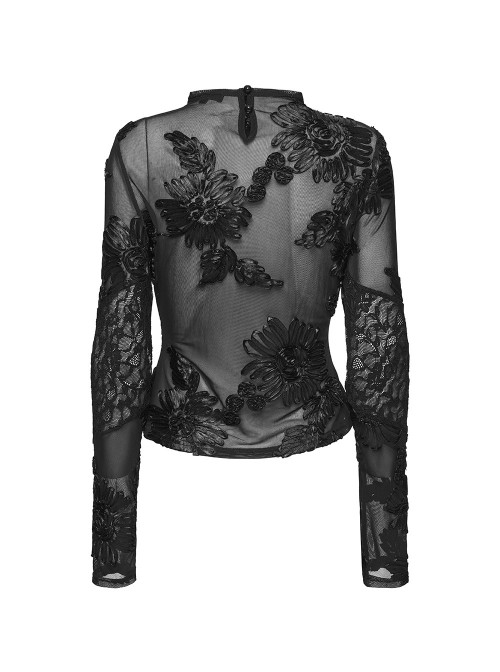 Black Translucent Stretch 3D Floral Mesh Splicing Lace Retro Gothic Long Sleeves Undershirt