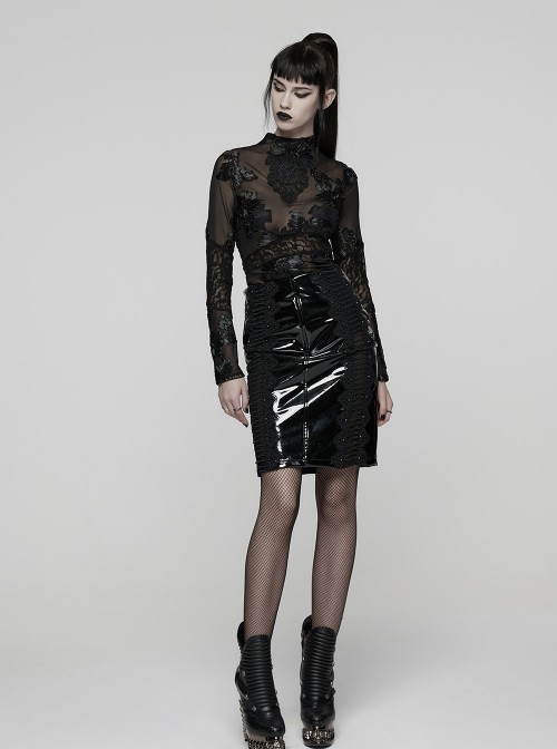 Black Translucent Stretch 3D Floral Mesh Splicing Lace Retro Gothic Long Sleeves Undershirt