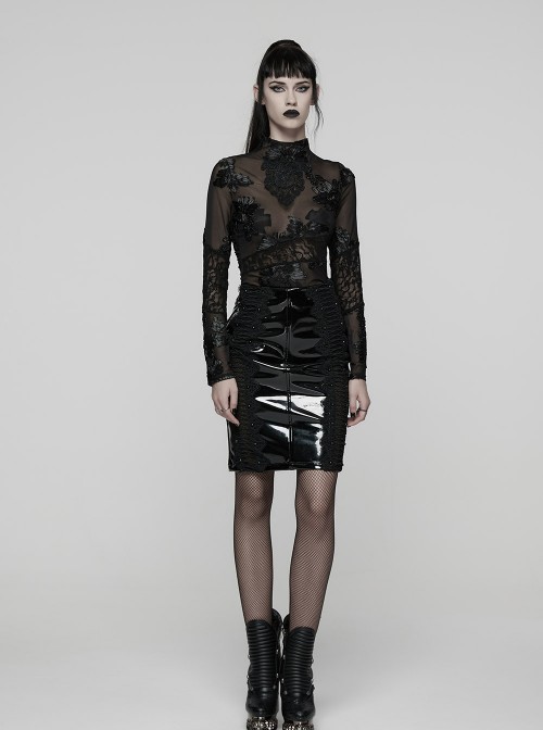 Black Translucent Stretch 3D Floral Mesh Splicing Lace Retro Gothic Long Sleeves Undershirt