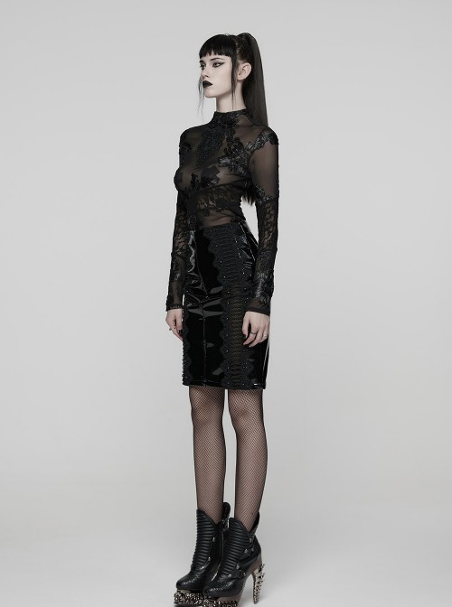 Black Translucent Stretch 3D Floral Mesh Splicing Lace Retro Gothic Long Sleeves Undershirt