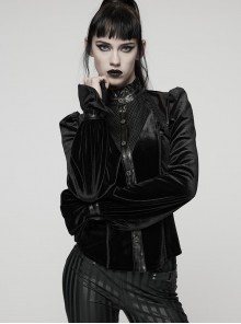 Black Stretch Velvet Splicing Leather-Like Texture Stand Collar Front Delicate 3D Embroidery Gorgeous Visual Gothic Style Long Sleeves Shirt