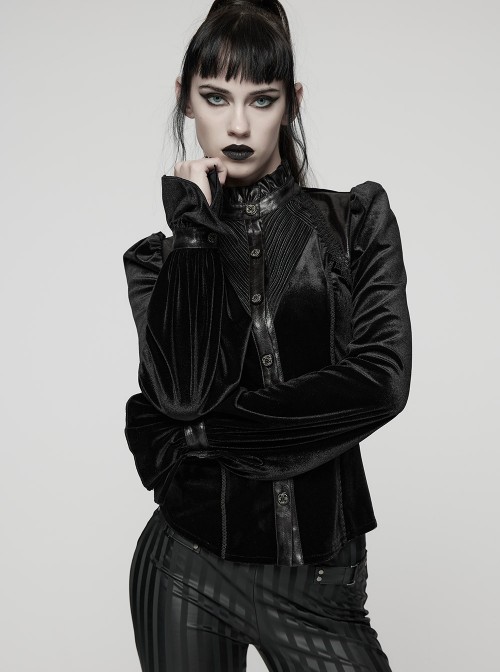 Black Stretch Velvet Splicing Leather-Like Texture Stand Collar Front Delicate 3D Embroidery Gorgeous Visual Gothic Style Long Sleeves Shirt