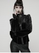 Black Stretch Velvet Splicing Leather-Like Texture Stand Collar Front Delicate 3D Embroidery Gorgeous Visual Gothic Style Long Sleeves Shirt