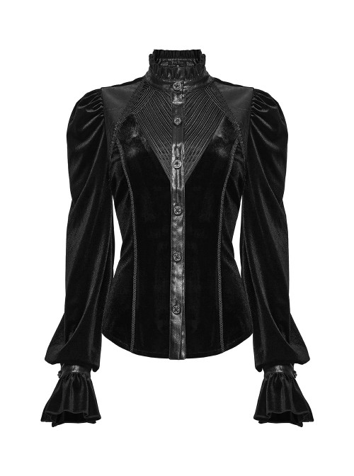Black Stretch Velvet Splicing Leather-Like Texture Stand Collar Front Delicate 3D Embroidery Gorgeous Visual Gothic Style Long Sleeves Shirt