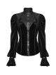 Black Stretch Velvet Splicing Leather-Like Texture Stand Collar Front Delicate 3D Embroidery Gorgeous Visual Gothic Style Long Sleeves Shirt