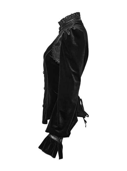 Black Stretch Velvet Splicing Leather-Like Texture Stand Collar Front Delicate 3D Embroidery Gorgeous Visual Gothic Style Long Sleeves Shirt