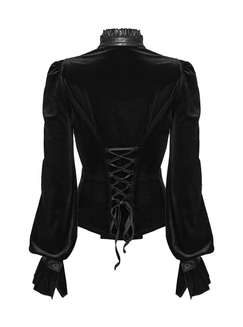 Black Stretch Velvet Splicing Leather-Like Texture Stand Collar Front Delicate 3D Embroidery Gorgeous Visual Gothic Style Long Sleeves Shirt