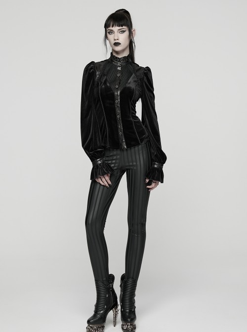 Black Stretch Velvet Splicing Leather-Like Texture Stand Collar Front Delicate 3D Embroidery Gorgeous Visual Gothic Style Long Sleeves Shirt