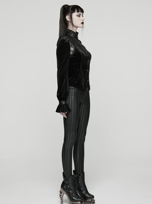 Black Stretch Velvet Splicing Leather-Like Texture Stand Collar Front Delicate 3D Embroidery Gorgeous Visual Gothic Style Long Sleeves Shirt