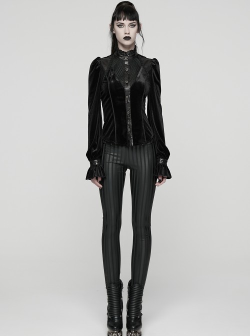 Black Stretch Velvet Splicing Leather-Like Texture Stand Collar Front Delicate 3D Embroidery Gorgeous Visual Gothic Style Long Sleeves Shirt