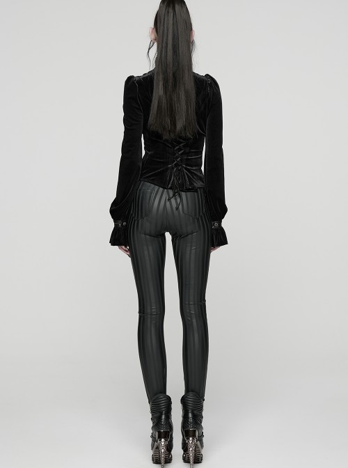 Black Stretch Velvet Splicing Leather-Like Texture Stand Collar Front Delicate 3D Embroidery Gorgeous Visual Gothic Style Long Sleeves Shirt