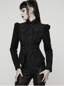 Black Embroidered Woolen Elegant Small Turn-Down Collar Long Sleeves Gothic Style Short Coat